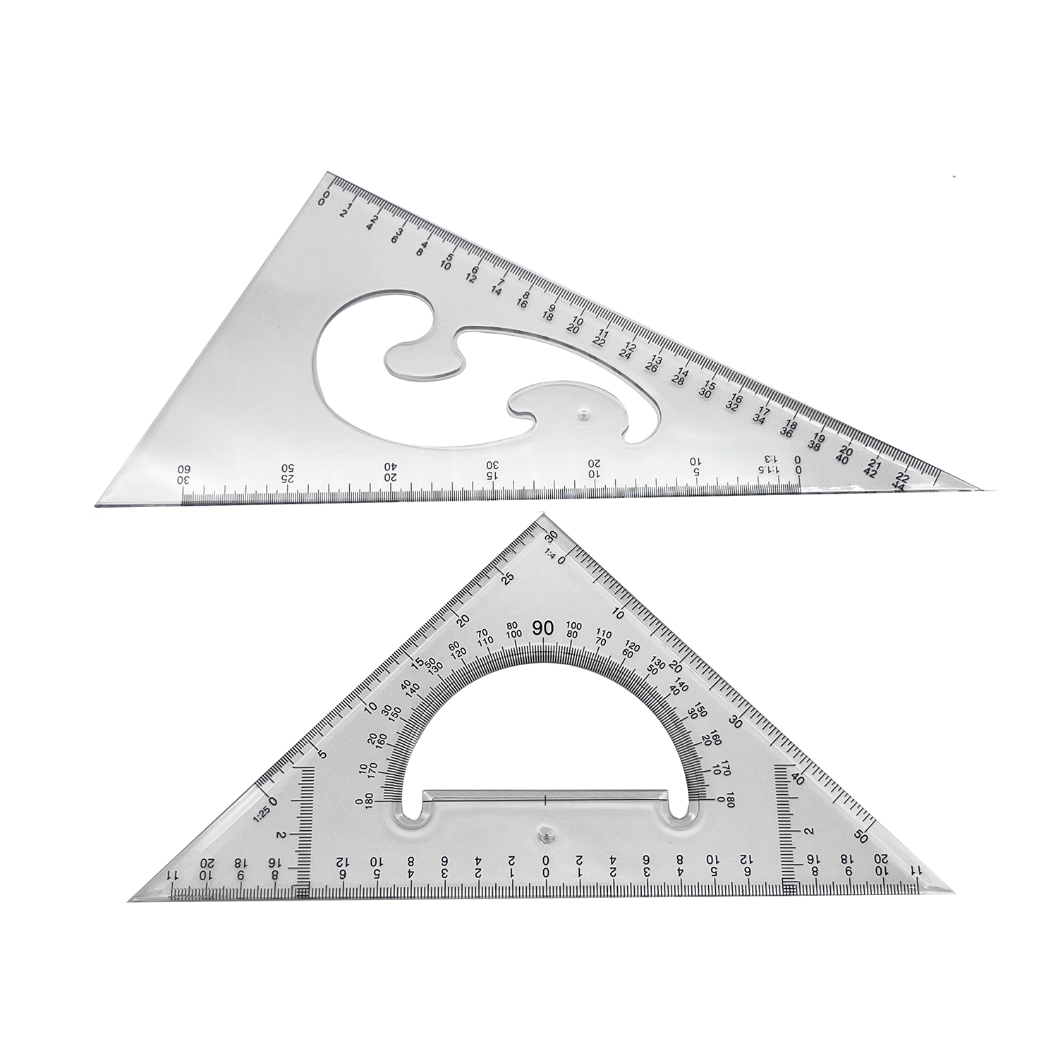 Factory supply 2pcs PVC custom brand logo fashion office school triangle ruler set 30/60 and 45/90 safety ruler plastic